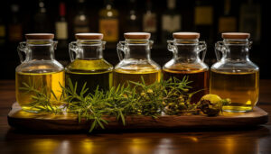 Frasco de aceite de orégano natural junto a hojas frescas, ideal para uso medicinal y terapéutico