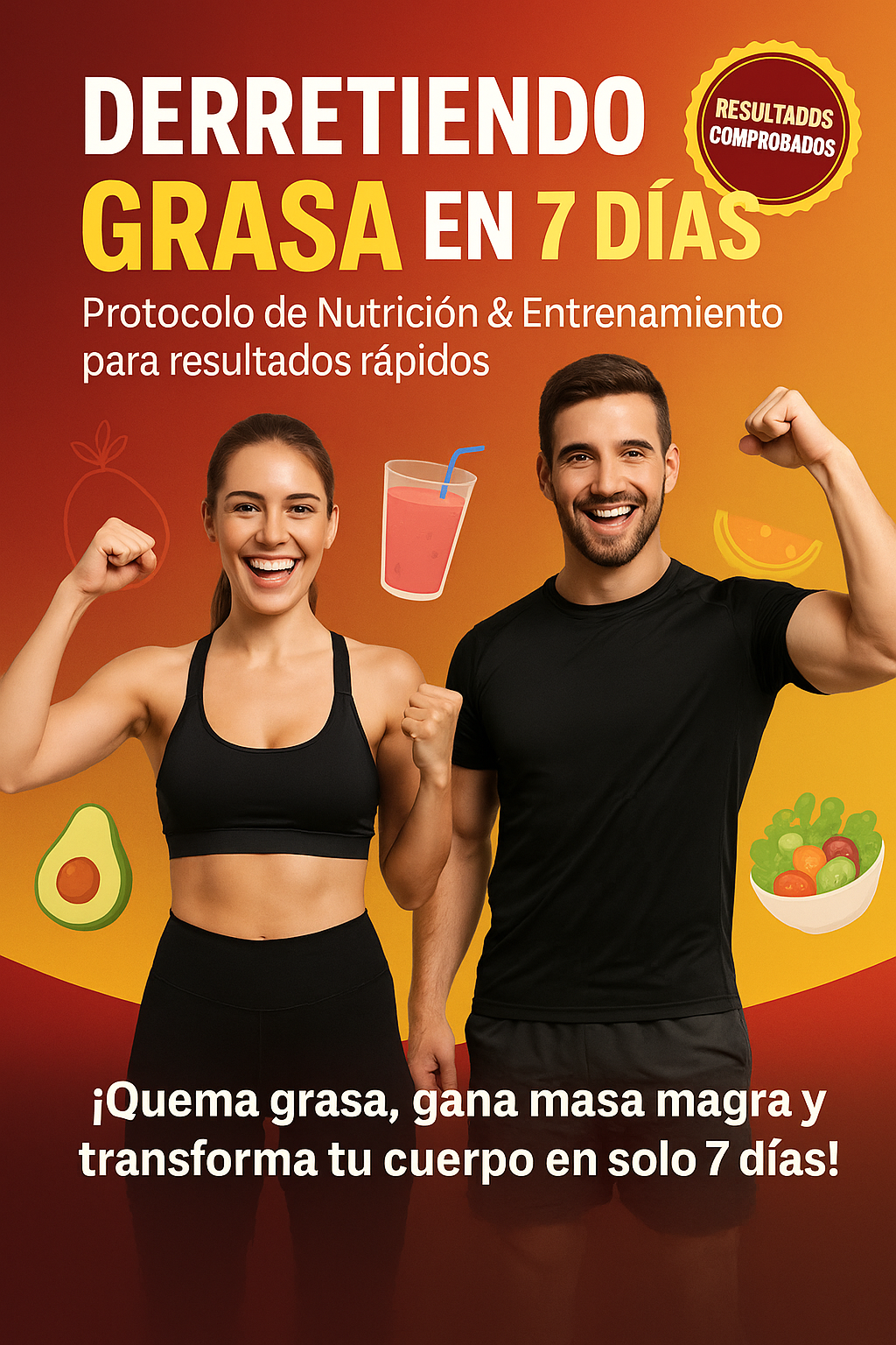 Anuncio de programa de nutrición y entrenamiento para perder grasa en 7 días, con un hombre y una mujer en ropa deportiva y alimentos saludables de fondo.