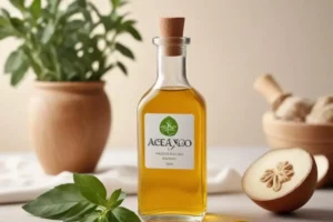 Frasco de vidrio transparente con aceite de orégano casero, fondo suave, hoja verde fresca al lado y frutal cortado a la derecha