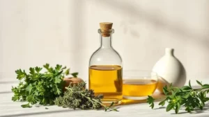 Frasco de vidrio con aceite de orégano en el ombligo, rodeado de hierbas frescas verdes y una taza con aceite amarillo claro sobre una superficie clara.