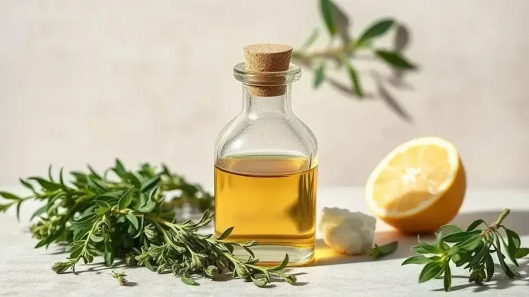 Frasco de vidrio con aceite de orégano tomado, rodeado de hojas verdes frescas y medio limón amarillo cortado, todo sobre una superficie clara.