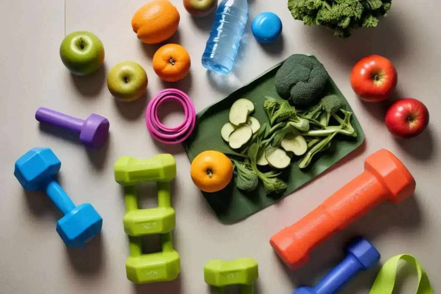 Diversas frutas frescas como manzanas rojas y verdes, naranjas, y verduras como brócoli, rodeadas de pesas de colores vibrantes en un fondo claro, representando la dificultad para bajar de peso.