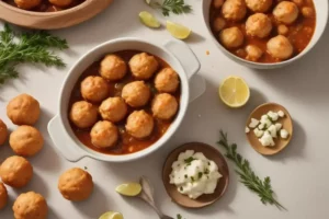 Bowl blanco con albóndigas de bacalao doradas en salsa, rodeado de limones amarillos, ramas de cilantro y platos con crema fresca.