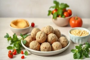 Plato blanco con albóndigas veganas de color beige, rodeadas de cilantro fresco y pequeños tomates rojos, fondo suave en tonos claros.