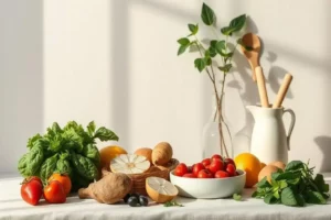 Mesa con una variedad de vegetales frescos, incluyendo lechuga verde, tomates rojos y batatas marrones, ideal para una alimentación para aumentar masa muscular.