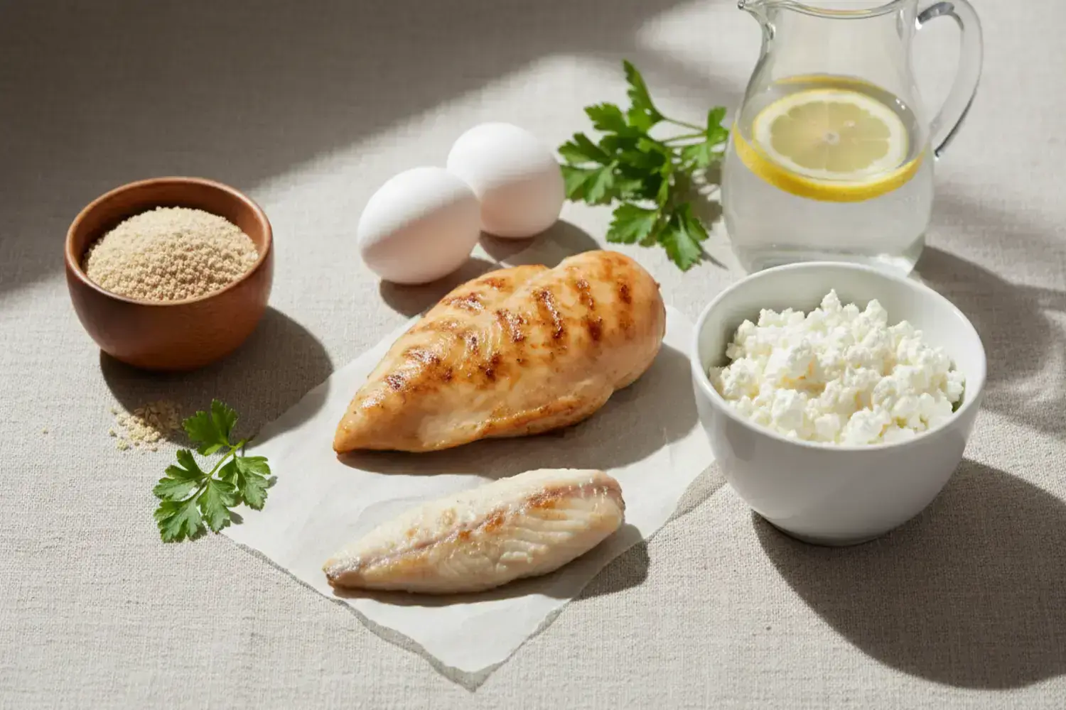 Tres con dieta dukan recetas fase ataque alimentos preparados para la dieta Dukan: pechugas de pollo a la parrilla doradas, huevos blancos, un tazón con requesón y un cuenco de harina de avena con tex