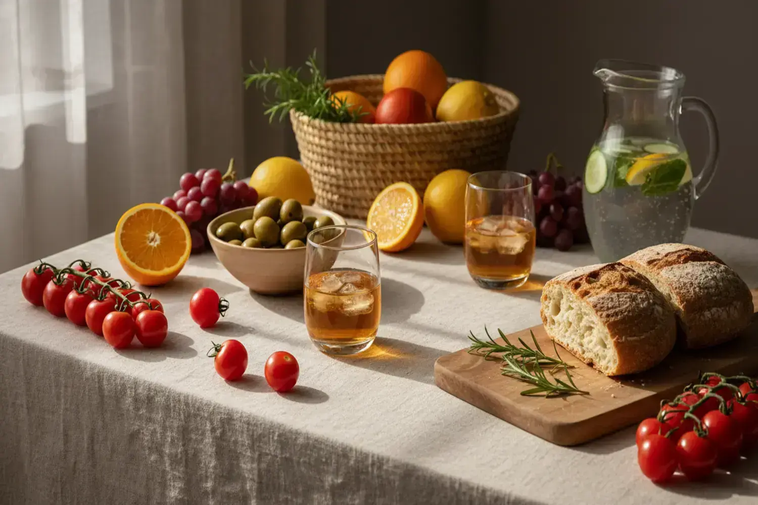Aperitivos saludables fríos y rápidos para casa, trabajo y fiestas 1 Una mesa con un mantel claro, tomates cherry rojos, un bol con aceitunas verdes, un vaso con bebida y una hogaza de pan, todo en un ambiente de aperitivo natural light.