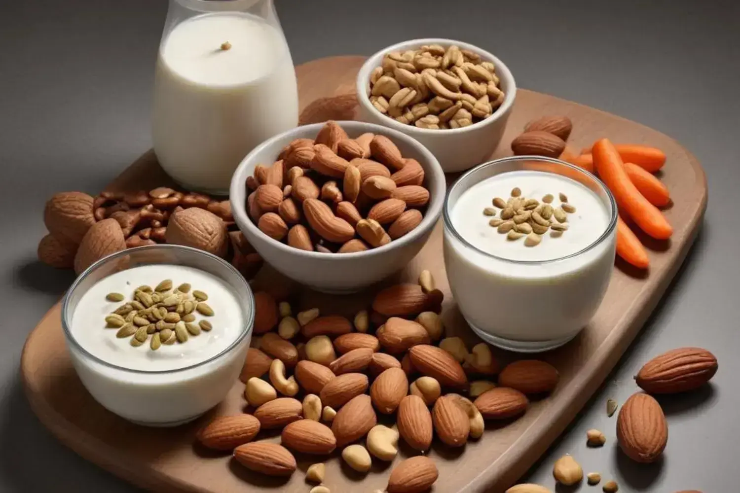 Mesa con snacks saludables con varios recipientes que contienen productos saludables como yogur, almendras y semillas sobre una tabla de madera, rodeados de zanahorias y cacahuetes, mostrando textura