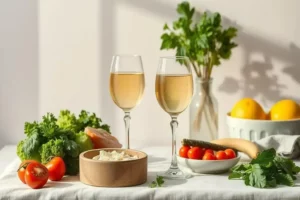 Mesa con aperitivos vegetarianos: dos copas de vino, lechuga verde, tomates rojos cherry, y un bol de hummus en madera.