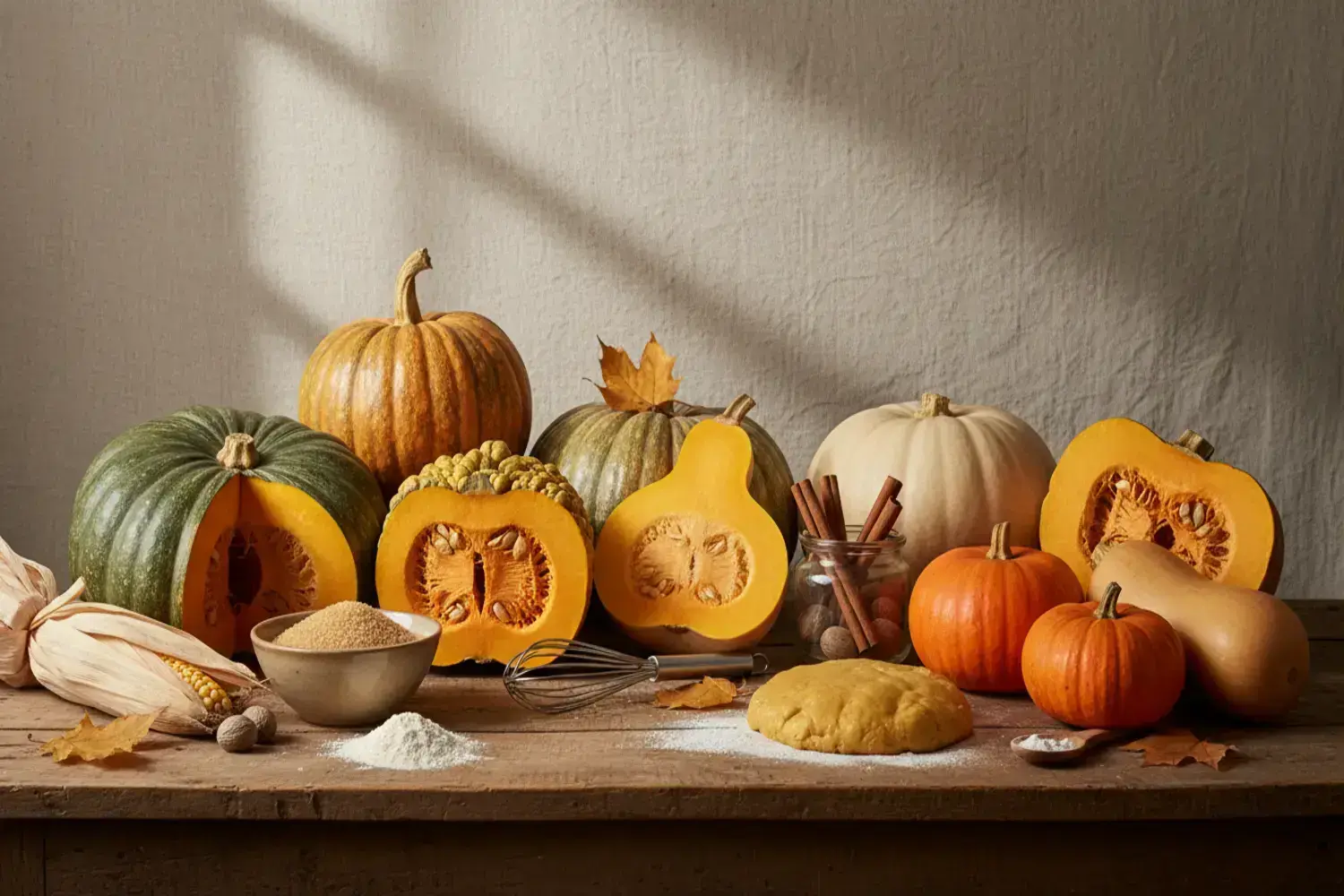 Una variedad de calabazas de diferentes colores, incluyendo anaranjadas, verdes y blancas, dispuestas sobre una mesa de madera, junto a ingredientes para recetas de pan de calabaza.