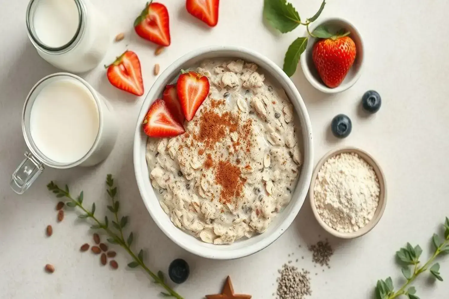 Bowl blanco con gachas de avena cremosas, decorado con fresas rojas y canela, rodeado de ingredientes como leche y semillas sobre una mesa clara.