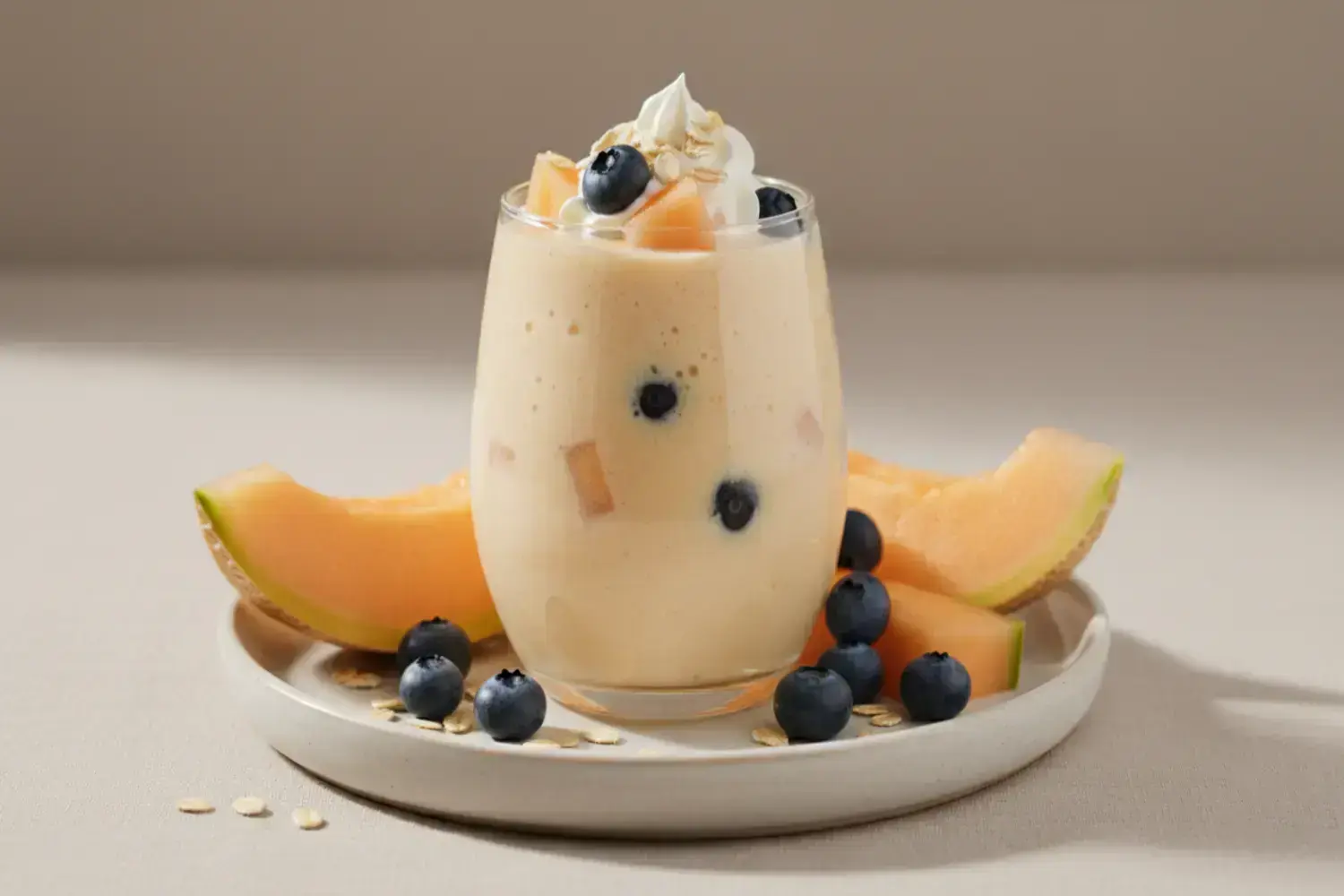 Vaso transparente con batido de melón crema decorado con nata, arándanos y trozos de melón, rodeado de fruta fresca y copos de avena.