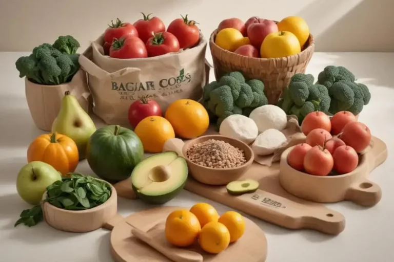 Variedad de frutas y verduras frescas, incluyendo brócoli verde, tomates rojos, peras amarillas, y aguacate, todo sobre una mesa clara, ideal para bajar de peso en casa.