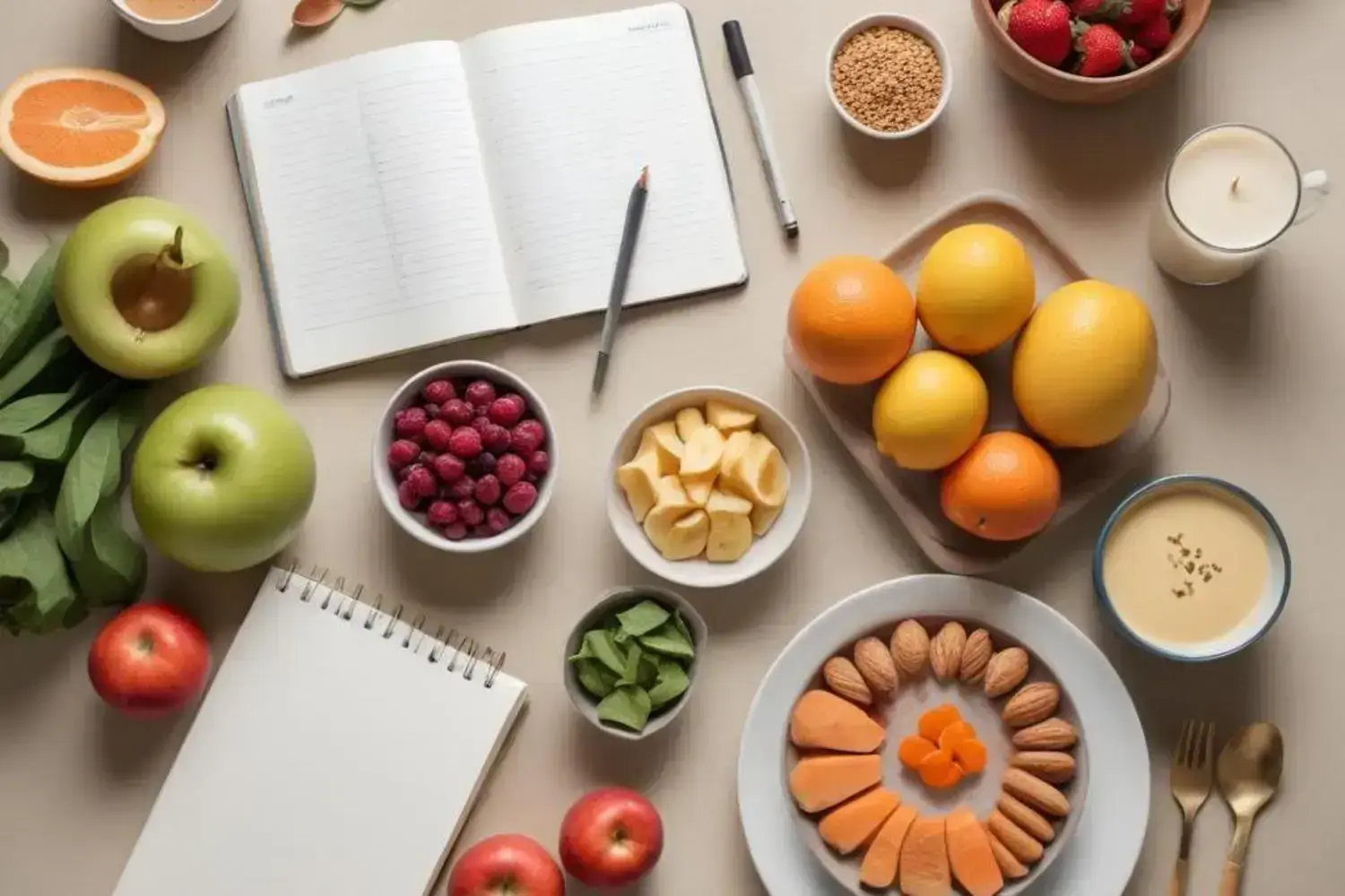 Mesa con frutas frescas incluyendo manzanas verdes y rojas, frambuesas, naranjas, limones, y un cuaderno con textos, simbolizando dificultad para bajar de peso.