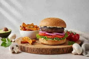 Hamburguesa de champiñones con pan tostado, lechuga fresca, tomate rojo y cebolla morada, servida en tabla de madera con papas al horno.