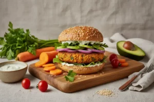 Hamburguesa de zanahoria con pan sésamo, lechuga fresca, rodajas de cebolla morada y zanahorias alrededor, servida en una tabla de madera.
