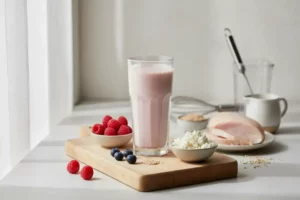 Vaso transparente con batido Dukan de color rosa claro, acompañado de frambuesas rojas y arándanos negros en platos pequeños, sobre una tabla de madera clara.