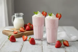 Dos batidos de fresa con leche en vasos altos, decorados con crema y fresas. Fondo gris suave, fresas frescas y una jarra de leche en la mesa.