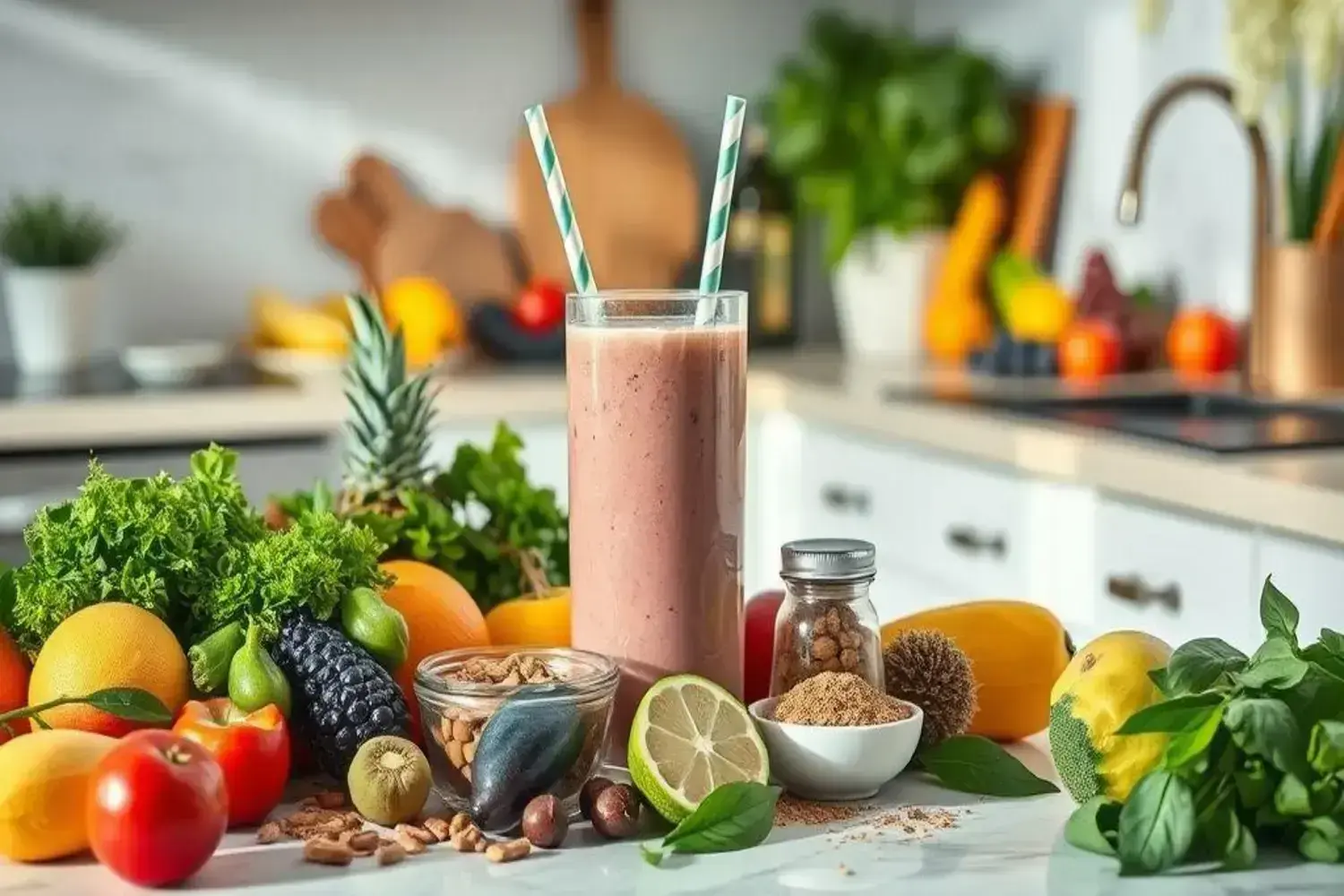 Vaso alto de batido rosa con dos pajitas verdes, rodeado de frutas frescas y hojas verdes, ideal para dietas detox.