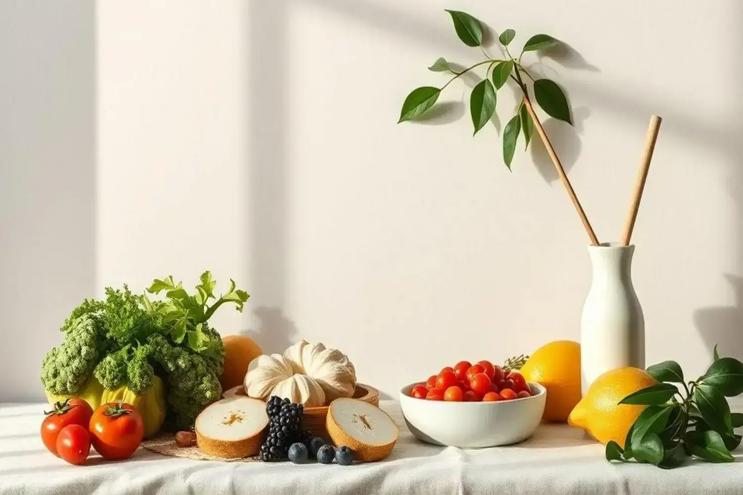 Beneficios de caminar según la ciencia, 10 mil pasos y cómo empezar 1 Mesa con vegetales frescos, como lechuga verde y tomates rojos, junto a una tarta de frutas, resaltando los beneficios de caminar para la salud.