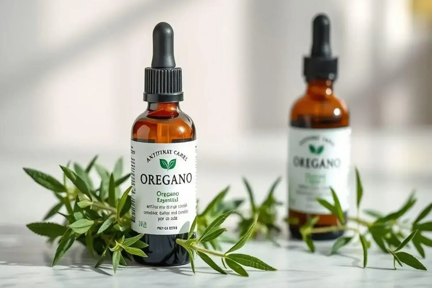 Frasco de vidrio ámbar con gotero negro, colocado sobre una superficie clara, rodeado de hojas verdes frescas. Aceite de orégano para hongos en las uñas.