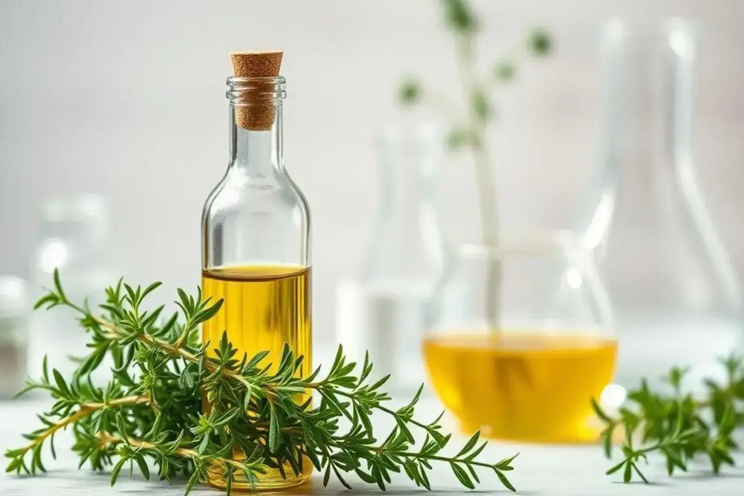 Frasco de vidrio con aceite de orégano dorado, rodeado de ramitas verdes frescas de orégano, sobre una superficie blanca y brillante, mostrando textura y coloración vibrantes. Aceite de orégano para q