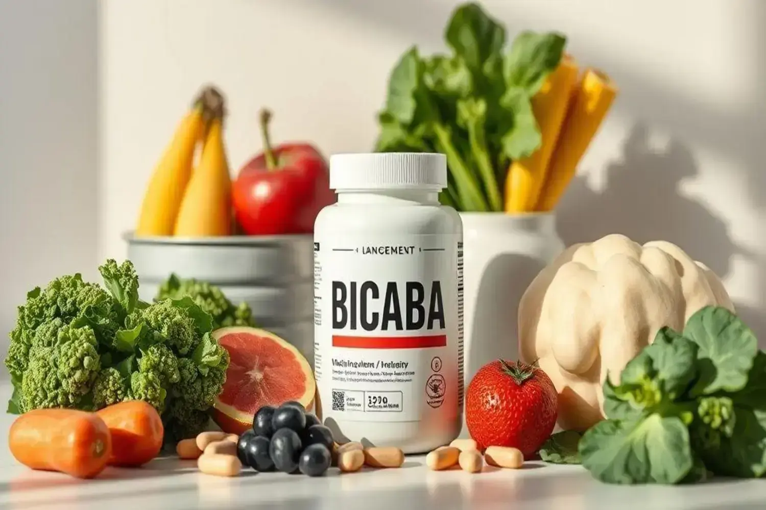 bcaas BICABA rodeado de frutas y verduras frescas para mejorar la salud y bienestar Botella con bcaas de BICABA blanca con etiqueta negra, rodeada de verduras frescas como brócoli, zanahorias naranjas, y frutas coloridas como fresas y pomelos, sobre mesa clara.