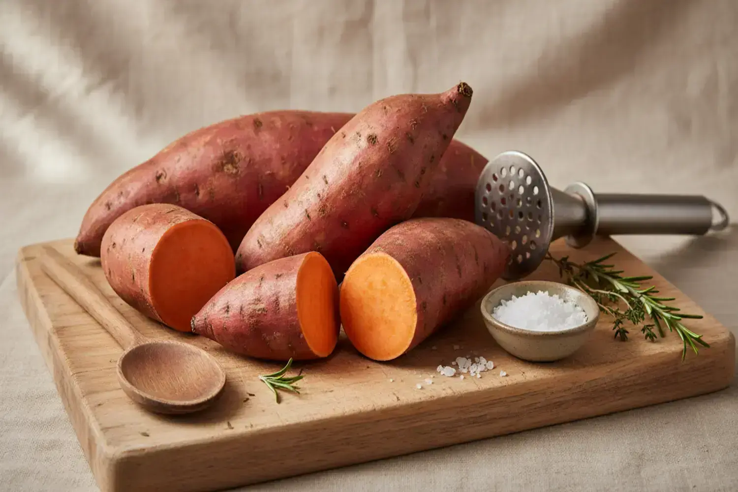 Deliciosas patatas dulces mostrando su belleza natural en la cocina con mané de patata dulce Unas con mané de patata dulce patatas dulces de color rojo y naranja dispuestas en una tabla de madera, con un cucharón de madera, sal y hierbas frescas.