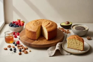 Bizcocho sin azucar dorado sobre una tabla de madera, rodeado de frutas frescas como frambuesas y arándanos, y un frasco de miel.