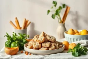 Plato blanco lleno de crujientes brotes de frijol mungo sobre un mantel claro, rodeados de limones verdes, gajos de melocotón, y una ramita de cilantro fresco.