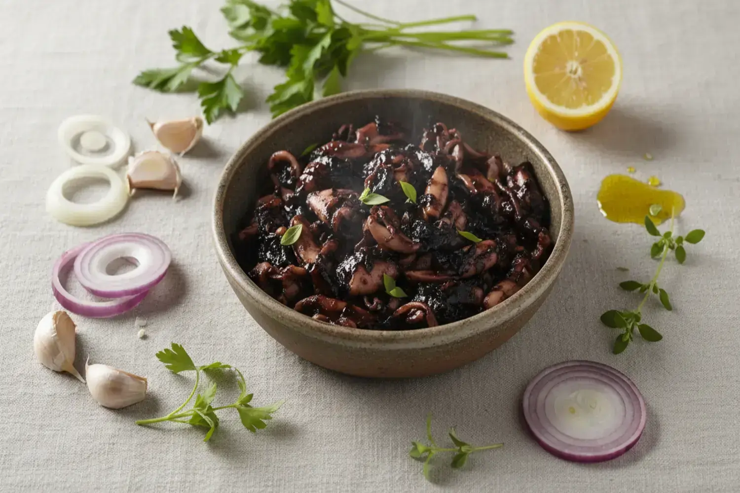 Plato hondo de calamares tiernos en salsa negra, rodeado de rodajas de cebolla morada, ajo, perejil fresco y un limón partido, todo sobre un mantel claro. Recetas con calamar.