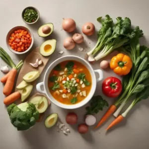 Olla blanca con caldo de res con verduras, rodeada de zanahorias naranjas, brócoli verde, pimientos amarillos y cebollas, sobre una superficie clara.