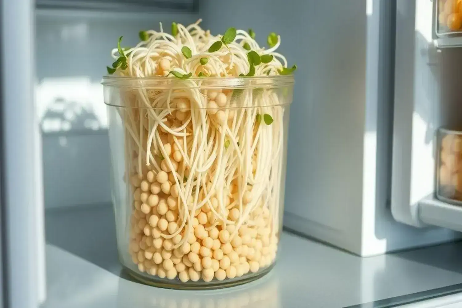 Frasco de vidrio transparente con brotes de frijol mungo, mostrando lóbulos amarillos y brotes verdes en la parte superior, situado en un refrigerador claro.