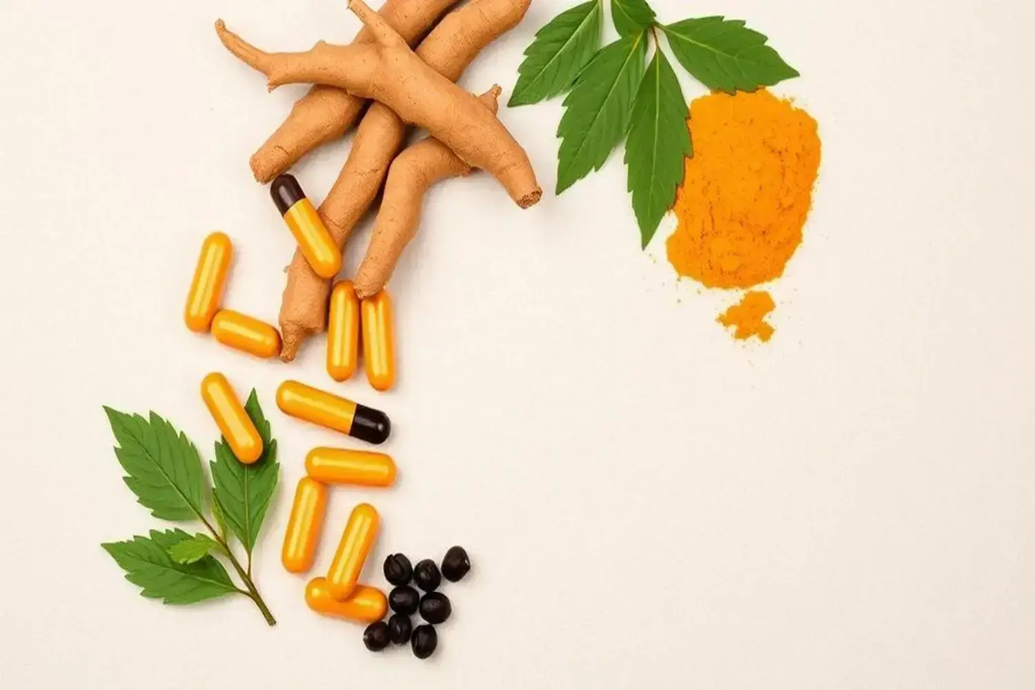 Raíz con curcuma beneficios de cúrcuma marrón, cápsulas amarillas y negras, polvo de cúrcuma anaranjado y hojas verdes, todo sobre fondo blanco, destacando los beneficios de la cúrcuma.