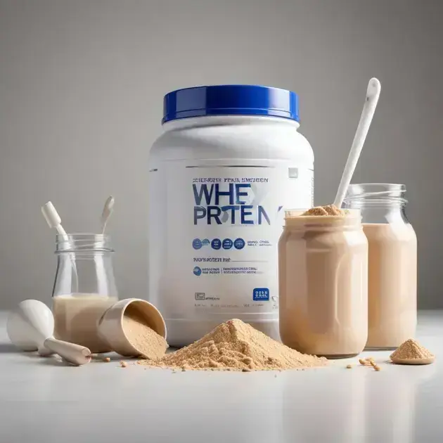 Suero de leche en polvo y frascos con preparación, ideal para batidos de proteína de suero de leche Contenedor grande de proteína de suero de leche de color blanco y tapa azul, junto a frascos de vidrio con polvo marrón claro esparcido, cucharas blancas y textura suave.