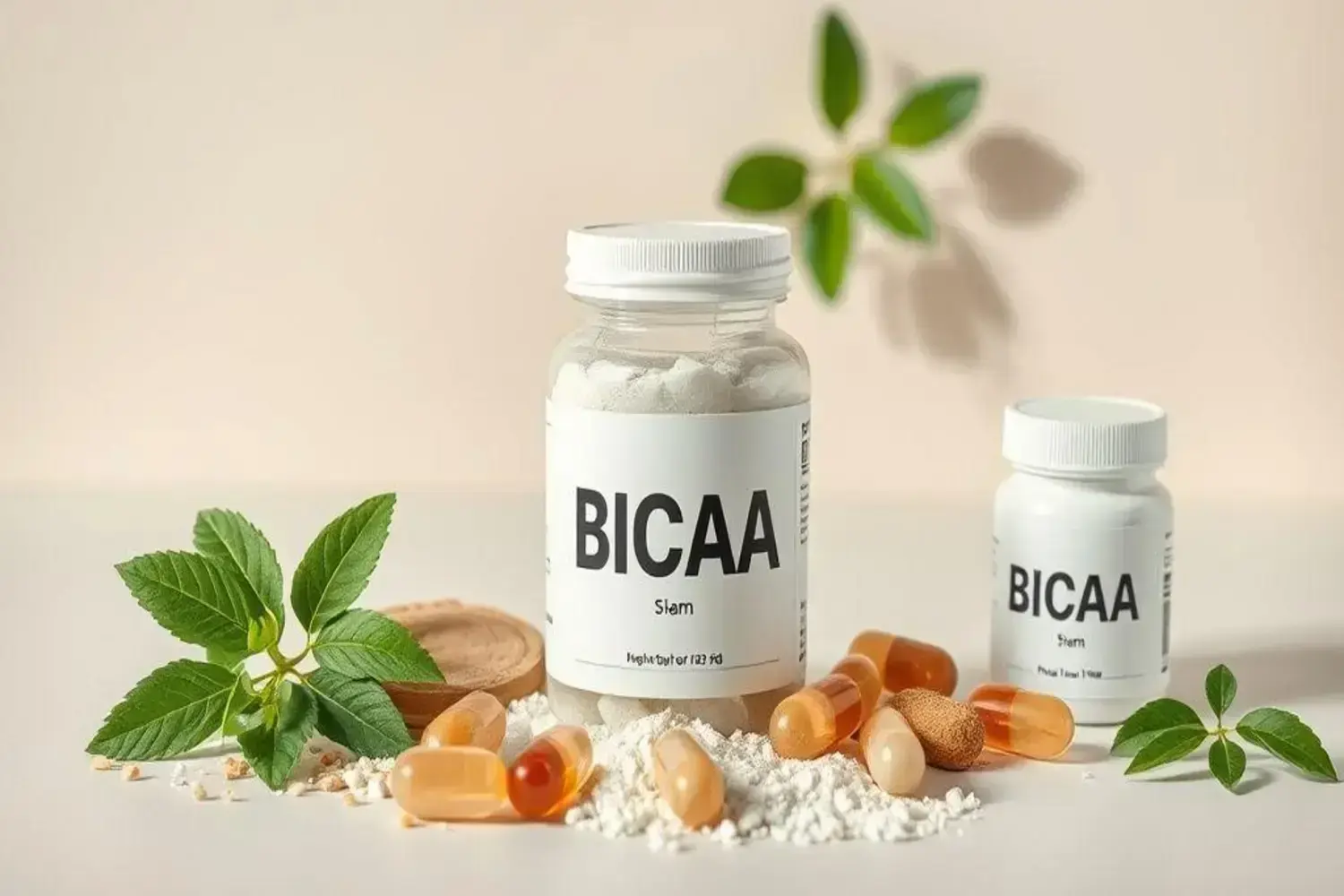 bcaas BCAAA en frasco con polvo blanco y cápsulas ámbar, rodeado de hojas verdes Frasco con bcaas grande de BCAAA lleno de polvo blanco, rodeado de cápsulas de colores ámbar y hojas verdes frescas sobre una mesa clara