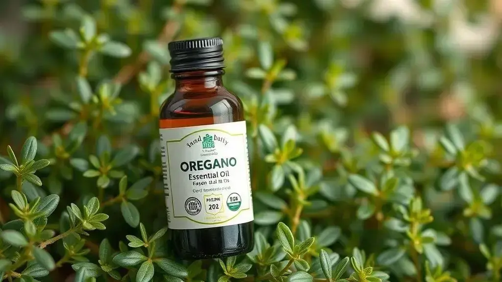 Botella de aceite de orégano marrón oscuro sobre un fondo de hojas verdes brillantes, destacando el nombre y uso del producto, ideal para aplicar aceite de oregano en el ombligo.