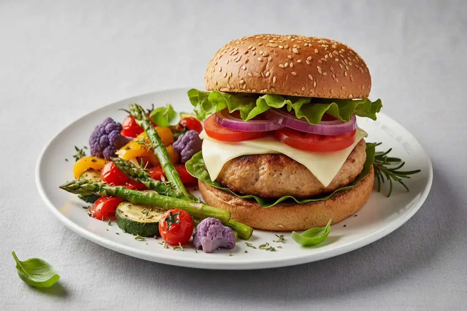 Hamburguesa de pavo jugosa en un pan con semillas de sésamo, acompañada de coloridos vegetales asados y frescas hojas de lechuga.