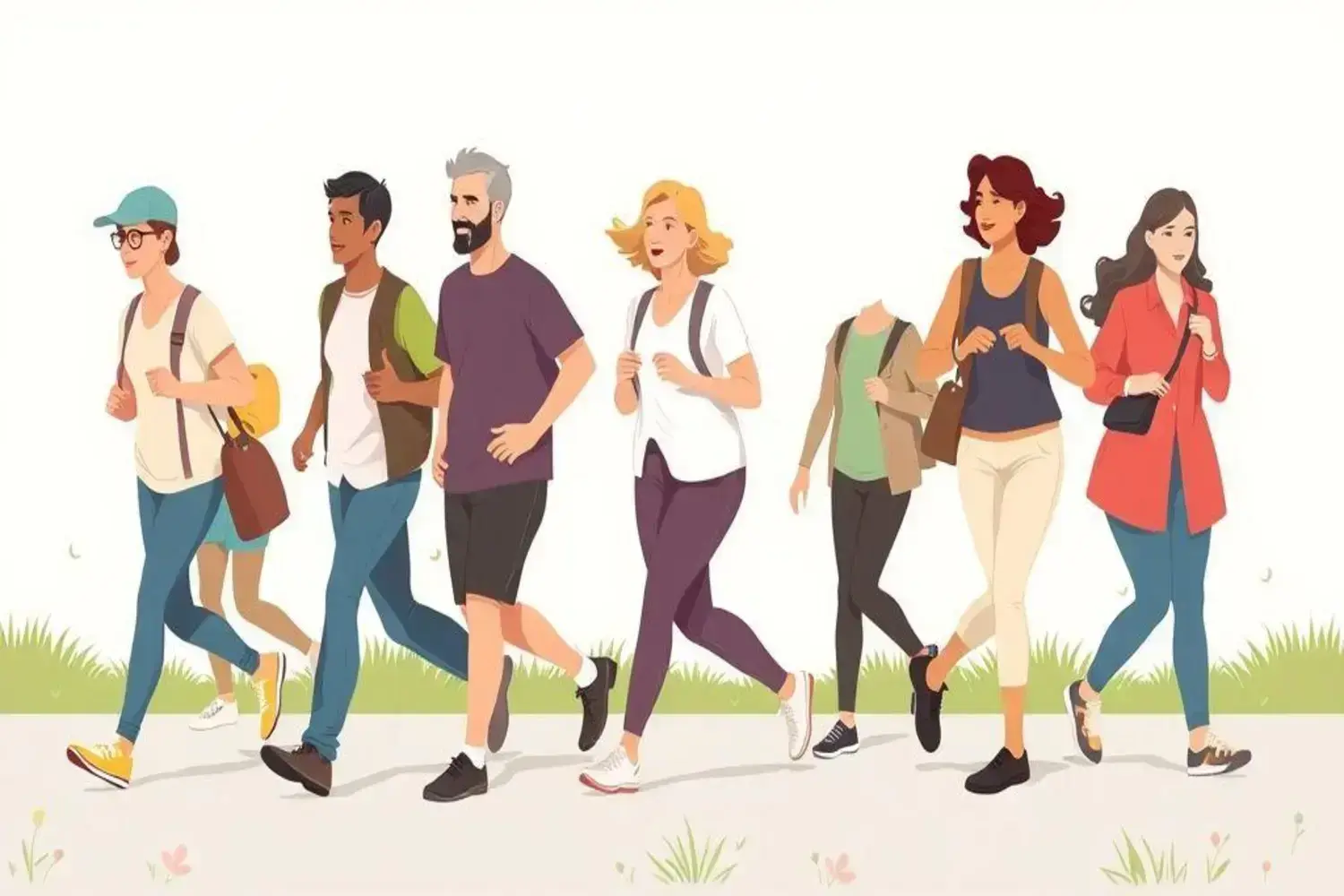 Explorando los beneficios de caminar: un grupo diverso disfruta de la actividad al aire libre Grupo diverso de personas caminando sobre un sendero, vistiendo ropa colorida, disfrutando de los beneficios de caminar en un entorno alegre.