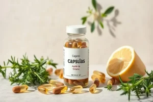 Frasco de vidrio transparente con cápsulas aceite de orégano, rodeado de cápsulas amarillas en una superficie clara y hojas verdes frescas de orégano.