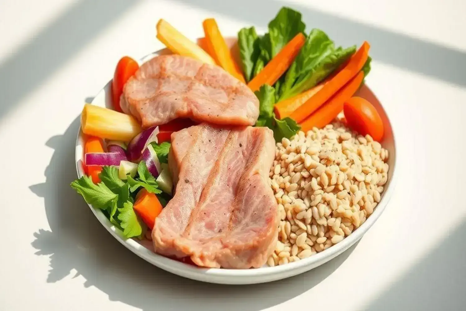 Plato con rodajas de carne magra a la parrilla, arroz, verduras coloridas como zanahorias, apio y lechuga, todo dispuesto artísticamente en un fondo claro. Ideal para una dieta saludable para bajar de