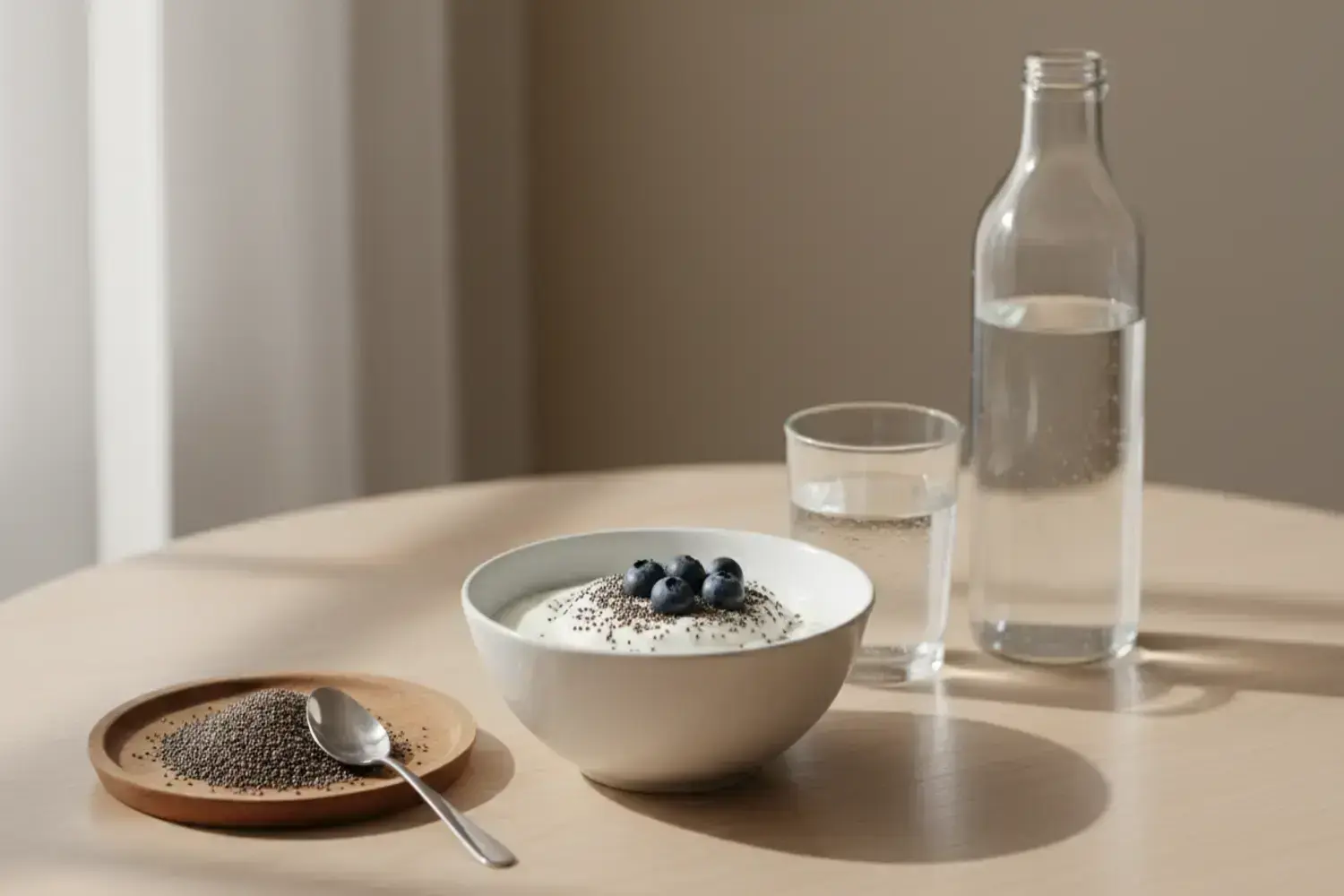 Cuenco blanco con yogur cubierto de semillas de chía y arándanos frescos, acompañado de agua en vaso y botella, sobre una mesa de madera clara. Beneficios chia.