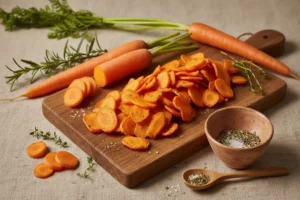 Trofes con chips de zanahoria al horno de color naranja brillante apilados sobre una tabla de madera, rodeados de zanahorias enteras y hierbas frescas, con sal y especias en un cuenco de barro.