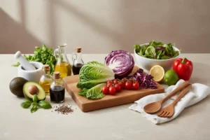 Mesa con ingredientes frescos para recetas ensaladas saludables: lechuga romana, repollo morado, tomates cherry, aguacate, limón y aceites de oliva, todo dispuestos coloridamente.