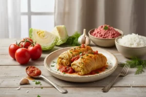 Plato de col rellena de carne molida, bañado en salsa roja y decorado con perejil fresco, acompañado de arroz blanco, carne molida cruda y tomates rojos.