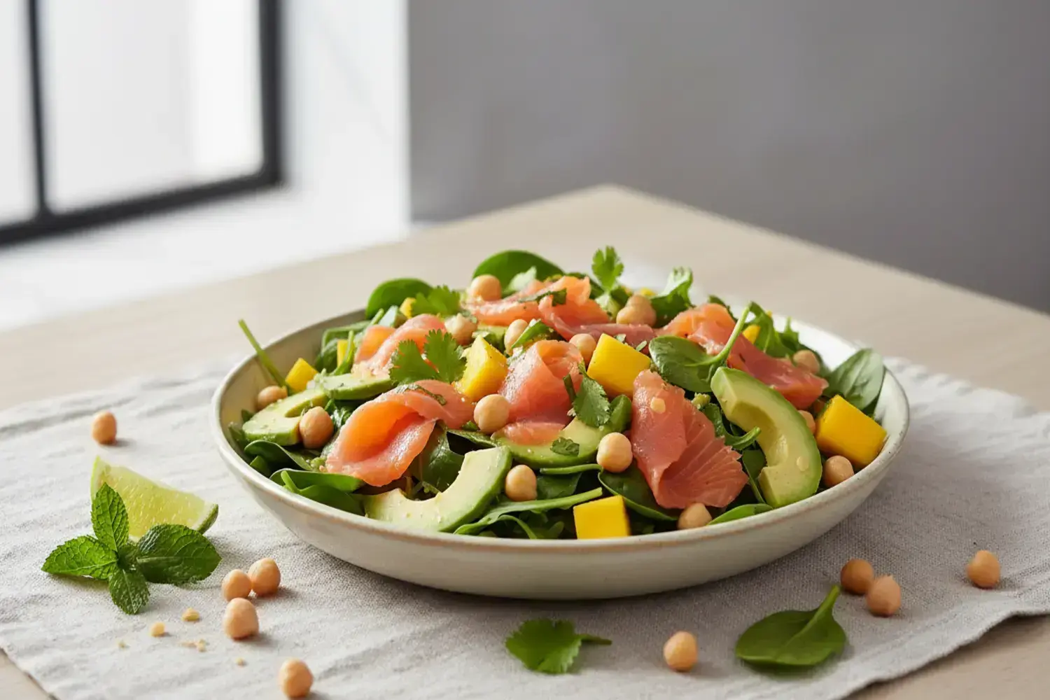 Ensalada de aguacate colorida en un plato beige, con trozos de salmón ahumado, espinacas verdes, mango amarillo y garbanzos, decorada con hojas de cilantro y menta fresca.