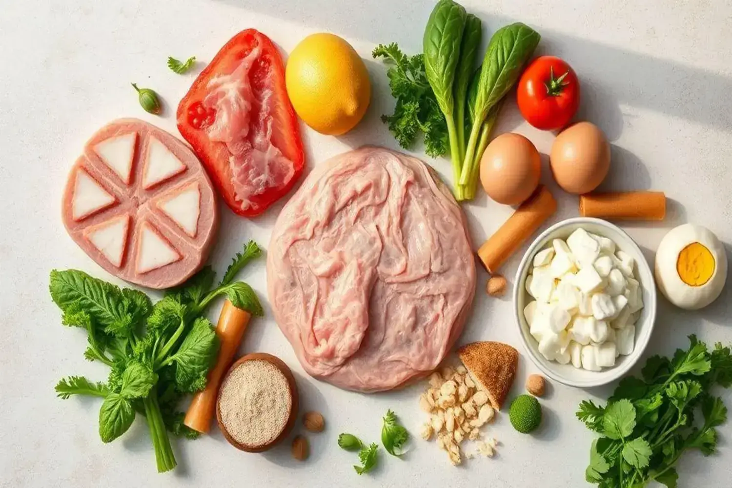 Ingredientes frescos para alimentación para aumentar masa muscular, incluyendo carne magra, espinacas verdes, tomates rojos, limón amarillo, y huevos en tonos marrón, todo sobre una superficie clara.