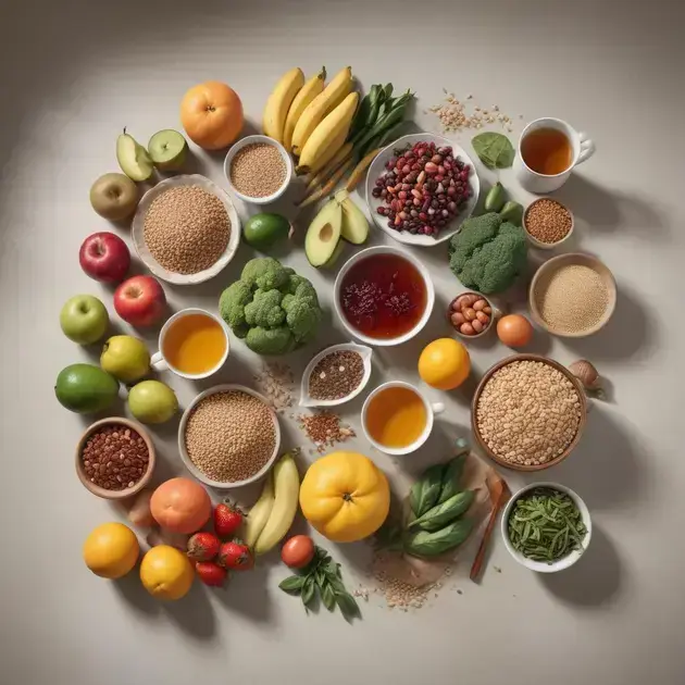 Arreglo de alimentos frescos y saludables en tonos vibrantes, con frutas como manzanas, plátanos y aguacates, ideal para aprender como bajar de peso sin dieta.