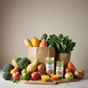 Mesa con variadas verduras y frutas frescas, lechuga verde, tomates rojos brillantes, plátano amarillo, y un fondo blanco suave, ideal para aprender como bajar de peso sin dieta.