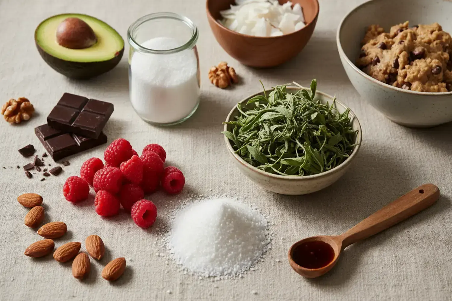 Mesa con ingredientes para postres veganos saludables: frambuesas rojas, aguacate cortado, chocolate oscuro, azúcar y hojas verdes frescas dispuestas artísticamente.